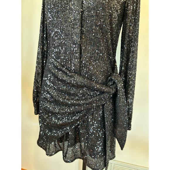 Parker sequin black mini cocktail dress size 0 collar long sheer sleeve tie fron - Picture 4 of 12